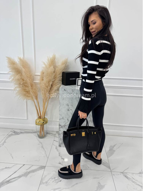 Czarna bluzka prążkowana w paski z rozszerzanymi rękawami i pozłacanymi guzikami ISLA 09 - photo #5