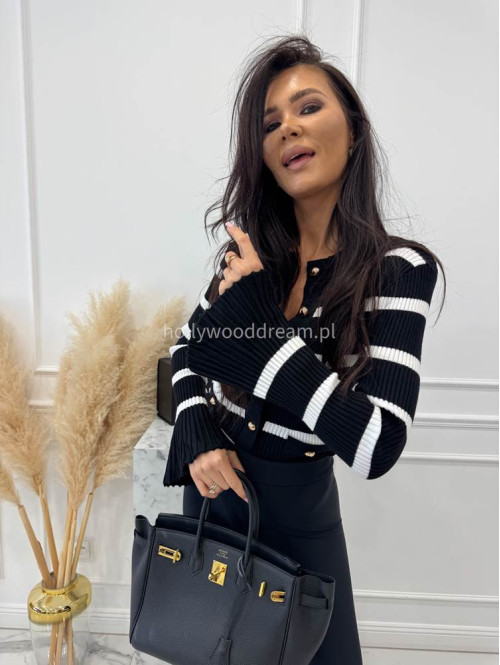 Czarna bluzka prążkowana w paski z rozszerzanymi rękawami i pozłacanymi guzikami ISLA 09 - photo #6