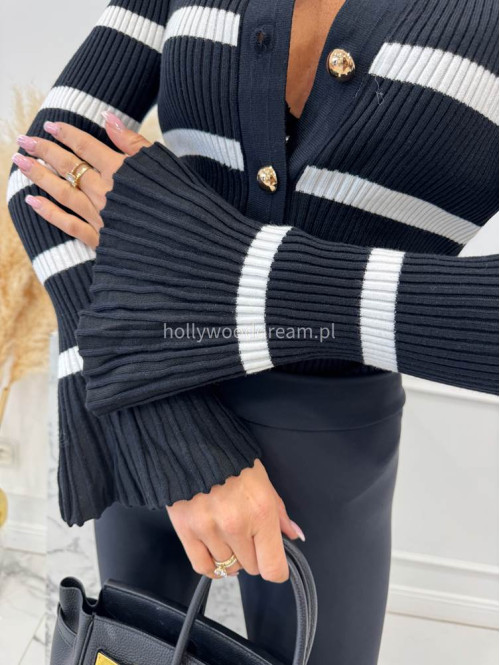 Czarna bluzka prążkowana w paski z rozszerzanymi rękawami i pozłacanymi guzikami ISLA 09 - photo #8