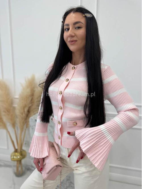 Pudrowo różowa bluzka prążkowana w paski z rozszerzanymi rękawami i pozłacanymi guzikami ISLA 09 - photo #3