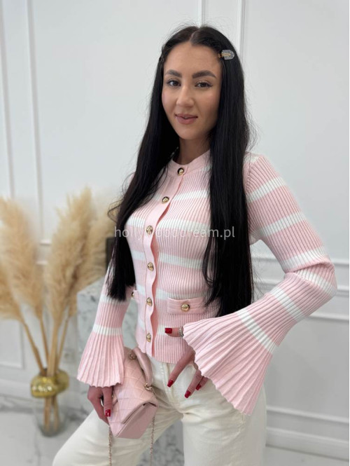 Pudrowo różowa bluzka prążkowana w paski z rozszerzanymi rękawami i pozłacanymi guzikami ISLA 09 - photo #4