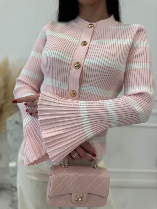 Pudrowo różowa bluzka prążkowana w paski z rozszerzanymi rękawami i pozłacanymi guzikami ISLA 09 - photo #5