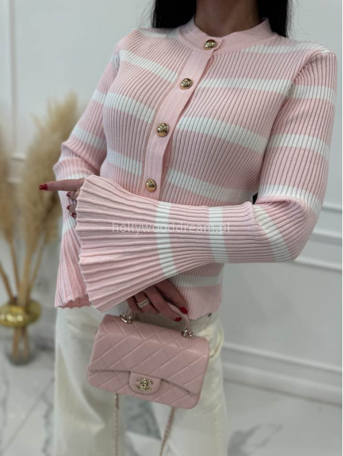 Pudrowo różowa bluzka prążkowana w paski z rozszerzanymi rękawami i pozłacanymi guzikami ISLA 09 - photo #7