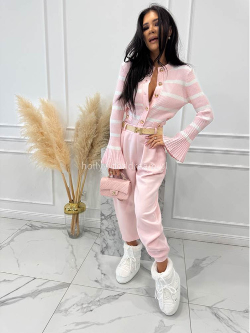 Pudrowo różowa bluzka prążkowana w paski z rozszerzanymi rękawami i pozłacanymi guzikami ISLA 09 - photo #8