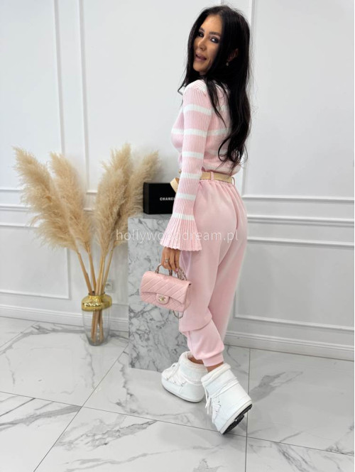 Pudrowo różowa bluzka prążkowana w paski z rozszerzanymi rękawami i pozłacanymi guzikami ISLA 09 - photo #11