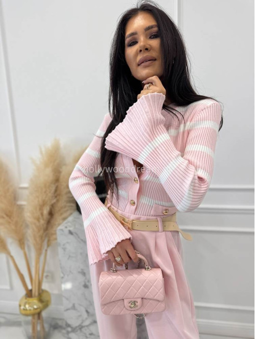 Pudrowo różowa bluzka prążkowana w paski z rozszerzanymi rękawami i pozłacanymi guzikami ISLA 09 - photo #12