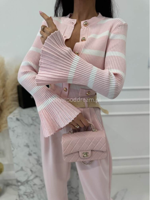 Pudrowo różowa bluzka prążkowana w paski z rozszerzanymi rękawami i pozłacanymi guzikami ISLA 09 - photo #13