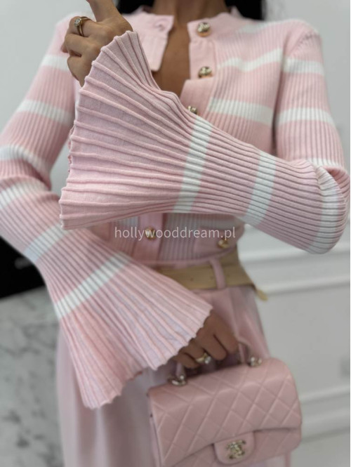 Pudrowo różowa bluzka prążkowana w paski z rozszerzanymi rękawami i pozłacanymi guzikami ISLA 09 - photo #14
