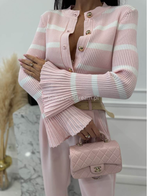 Pudrowo różowa bluzka prążkowana w paski z rozszerzanymi rękawami i pozłacanymi guzikami ISLA 09 - photo #15