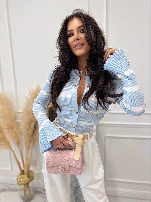 Błękitna bluzka prążkowana w paski z rozszerzanymi rękawami i pozłacanymi guzikami ISLA 09