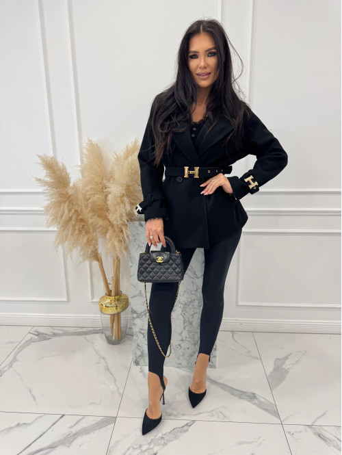 Czarny krótki płaszcz dwurzędowy z paskiem Arminda 24