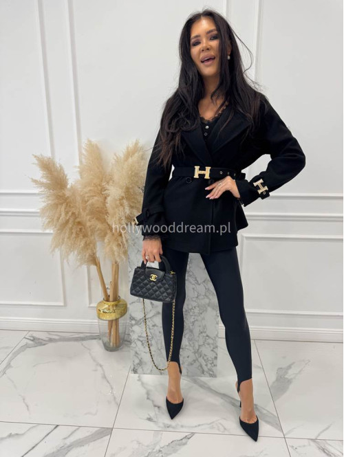 Czarny krótki płaszcz dwurzędowy z paskiem Arminda 24 - photo #1