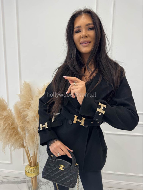 Czarny krótki płaszcz dwurzędowy z paskiem Arminda 24 - photo #5