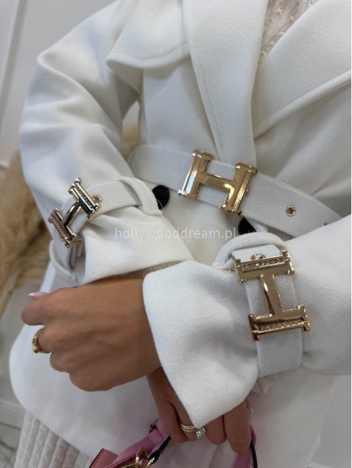 Biały krótki płaszcz dwurzędowy z paskiem Arminda 24 - photo #6