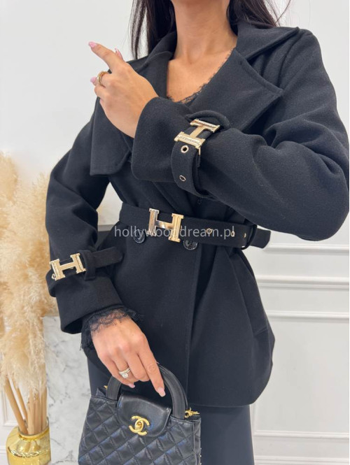 Czarny krótki płaszcz dwurzędowy z paskiem Arminda 24 - photo #6