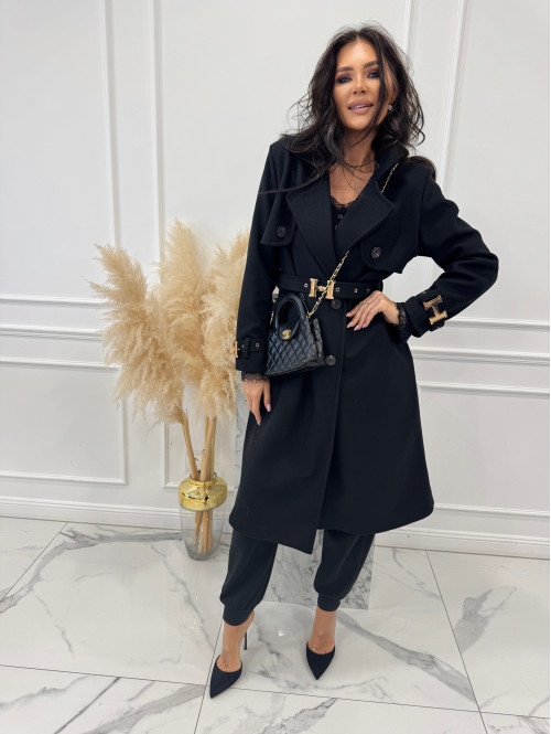 Czarny płaszcz z paskiem i złotymi zdobieniami FREYA 24