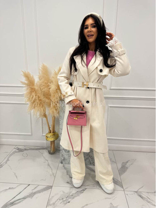 Kremowy płaszcz z paskiem i złotymi zdobieniami FREYA 24 - photo #1