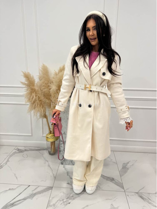 Kremowy płaszcz z paskiem i złotymi zdobieniami FREYA 24 - photo #2