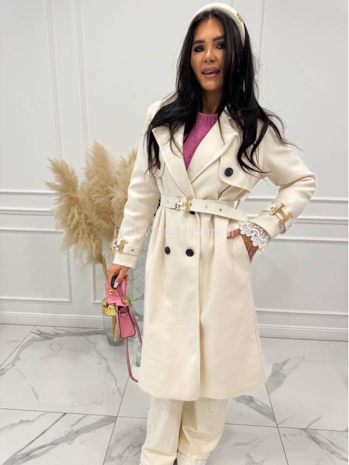 Kremowy płaszcz z paskiem i złotymi zdobieniami FREYA 24 - photo #8