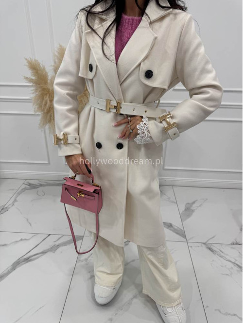 Kremowy płaszcz z paskiem i złotymi zdobieniami FREYA 24 - photo #12