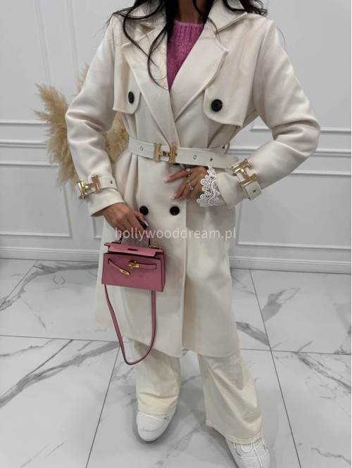 Kremowy płaszcz z paskiem i złotymi zdobieniami FREYA 24 - photo #13