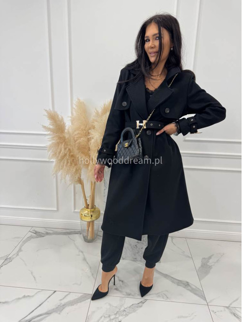Czarny płaszcz z paskiem i złotymi zdobieniami FREYA 24 - photo #1
