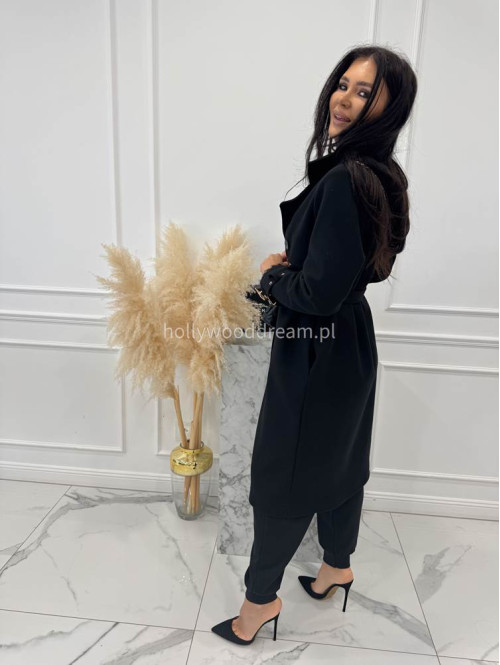 Czarny płaszcz z paskiem i złotymi zdobieniami FREYA 24 - photo #2