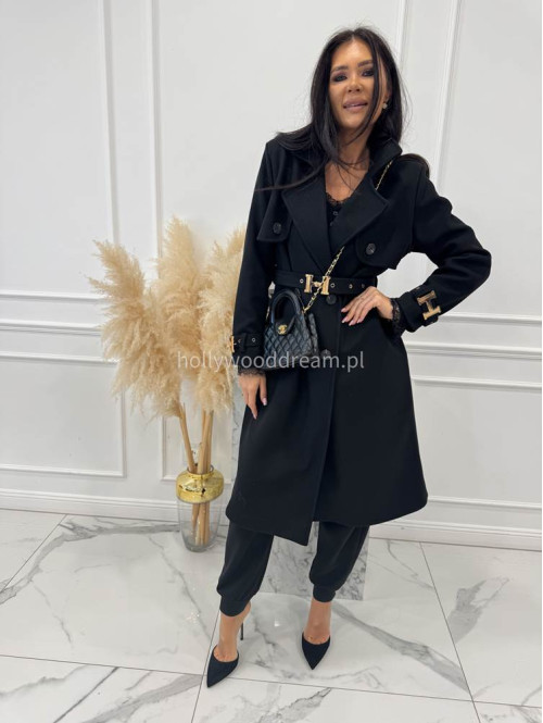 Czarny płaszcz z paskiem i złotymi zdobieniami FREYA 24 - photo #3