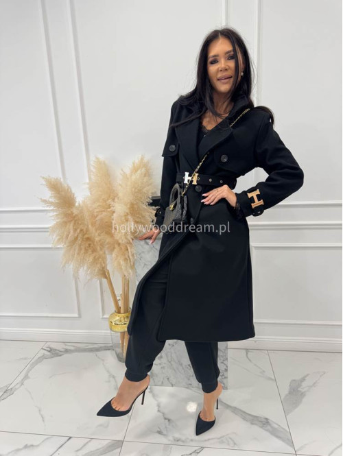 Czarny płaszcz z paskiem i złotymi zdobieniami FREYA 24 - photo #4