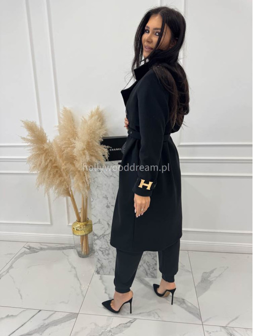 Czarny płaszcz z paskiem i złotymi zdobieniami FREYA 24 - photo #5