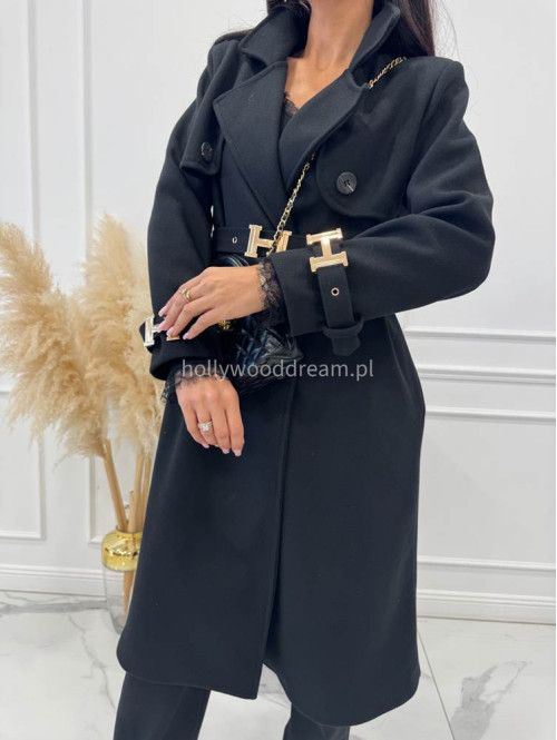Czarny płaszcz z paskiem i złotymi zdobieniami FREYA 24 - photo #6