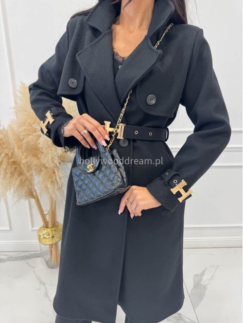 Czarny płaszcz z paskiem i złotymi zdobieniami FREYA 24 - photo #7