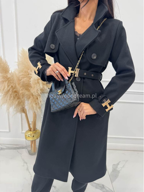 Czarny płaszcz z paskiem i złotymi zdobieniami FREYA 24 - photo #8