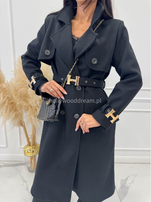Czarny płaszcz z paskiem i złotymi zdobieniami FREYA 24 - photo #9