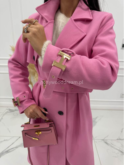Różowy płaszcz z paskiem i złotymi zdobieniami FREYA 24 - photo #12