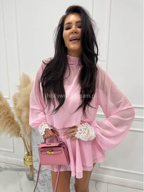 Różowy Sukienko-kombinezon szyfonowy z wycięciem na plecach Ariana 09 - photo #8