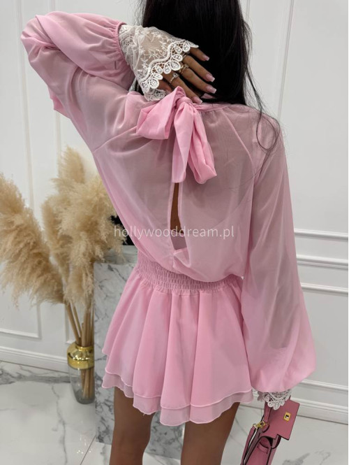 Różowy Sukienko-kombinezon szyfonowy z wycięciem na plecach Ariana 09 - photo #9