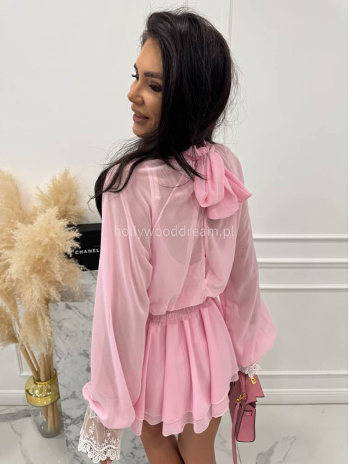 Różowy Sukienko-kombinezon szyfonowy z wycięciem na plecach Ariana 09 - photo #12