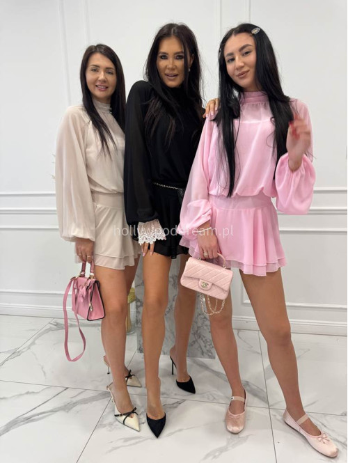 Różowy Sukienko-kombinezon szyfonowy z wycięciem na plecach Ariana 09 - photo #14