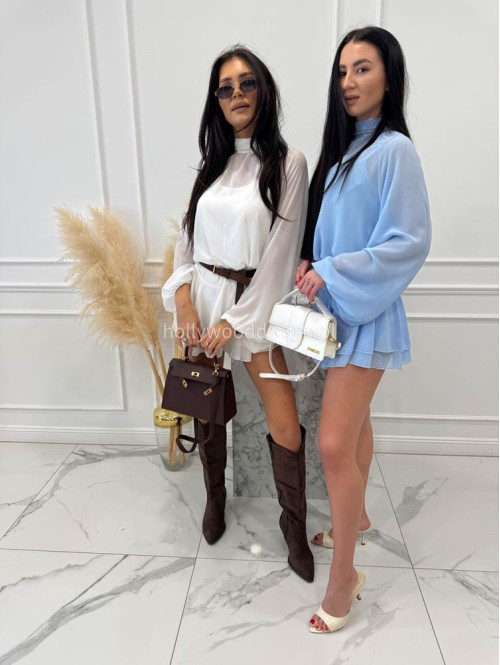 Błękitny Sukienko-kombinezon szyfonowy z wycięciem na plecach Ariana 09 - photo #10