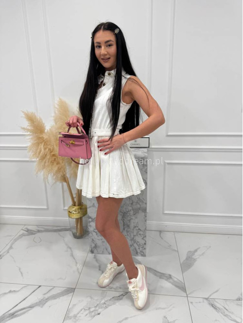 Kremowa sukienka mini na ramiączkach z paskiem i kołnierzykiem SONIA 09 - photo #5