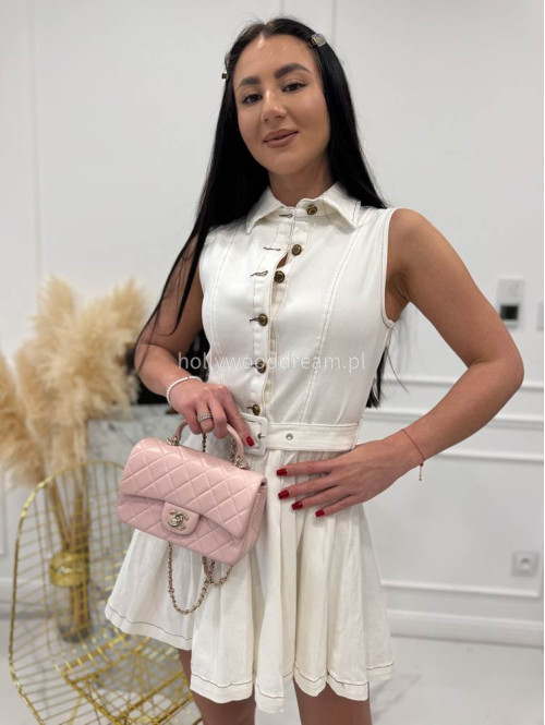 Kremowa sukienka mini na ramiączkach z paskiem i kołnierzykiem SONIA 09 - photo #12