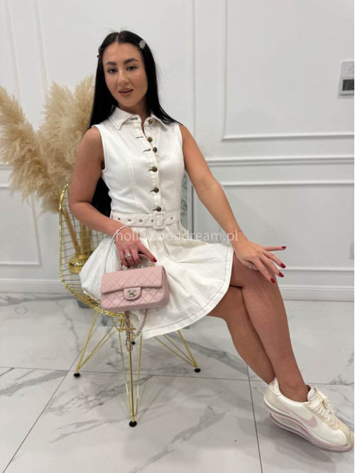 Kremowa sukienka mini na ramiączkach z paskiem i kołnierzykiem SONIA 09 - photo #14