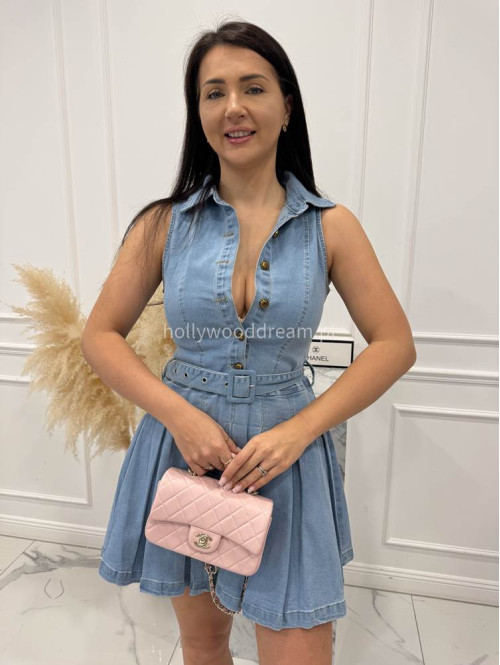 Jasno jeansowa sukienka mini na ramiączkach z paskiem i kołnierzykiem SONIA 09 - photo #6