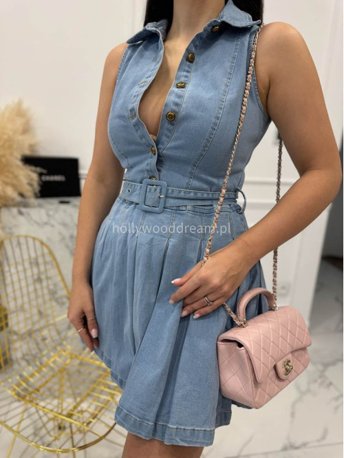 Jasno jeansowa sukienka mini na ramiączkach z paskiem i kołnierzykiem SONIA 09 - photo #14