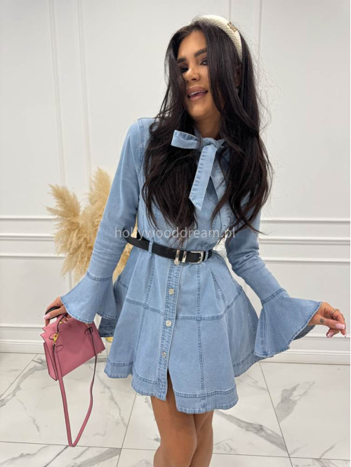 Jasno jeansowa sukienka mini z wiązaniem przy szyi, paskiem i rozszerzonymi rękawami TINA 09 - photo #6