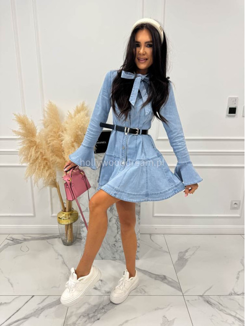 Jasno jeansowa sukienka mini z wiązaniem przy szyi, paskiem i rozszerzonymi rękawami TINA 09 - photo #8