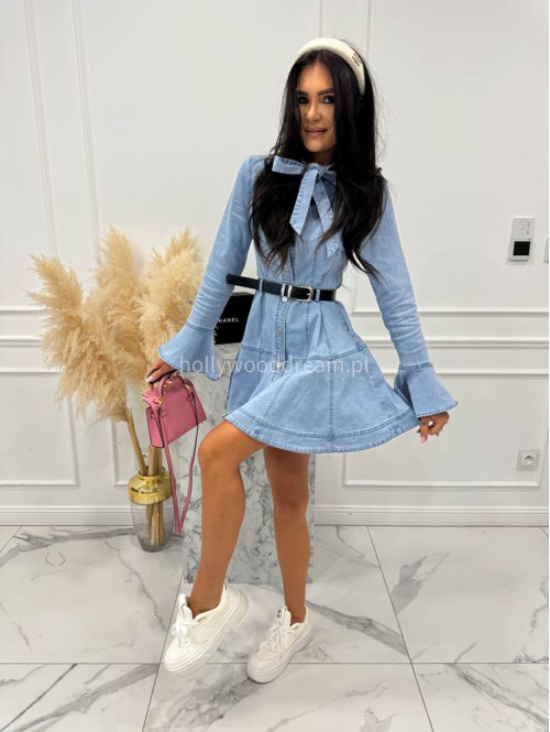 Jasno jeansowa sukienka mini z wiązaniem przy szyi, paskiem i rozszerzonymi rękawami TINA 09 - photo #9