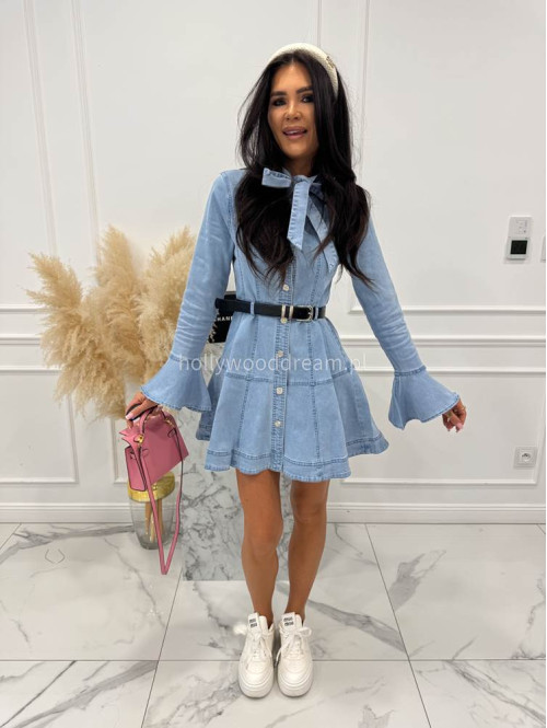 Jasno jeansowa sukienka mini z wiązaniem przy szyi, paskiem i rozszerzonymi rękawami TINA 09 - photo #11