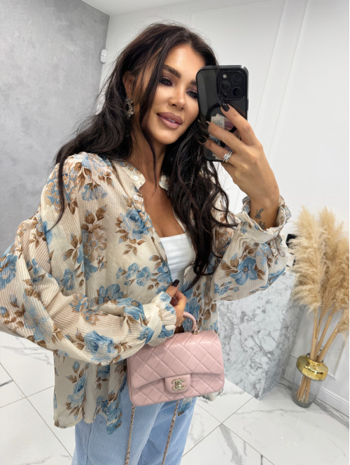 Beżowa koszula oversize w błękitne kwiaty Naomi 52